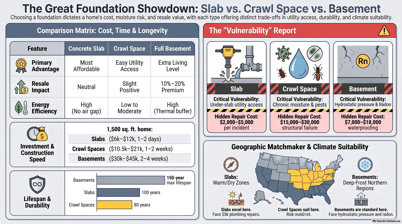 Home foundation comparison guide showing structural condition and defect states